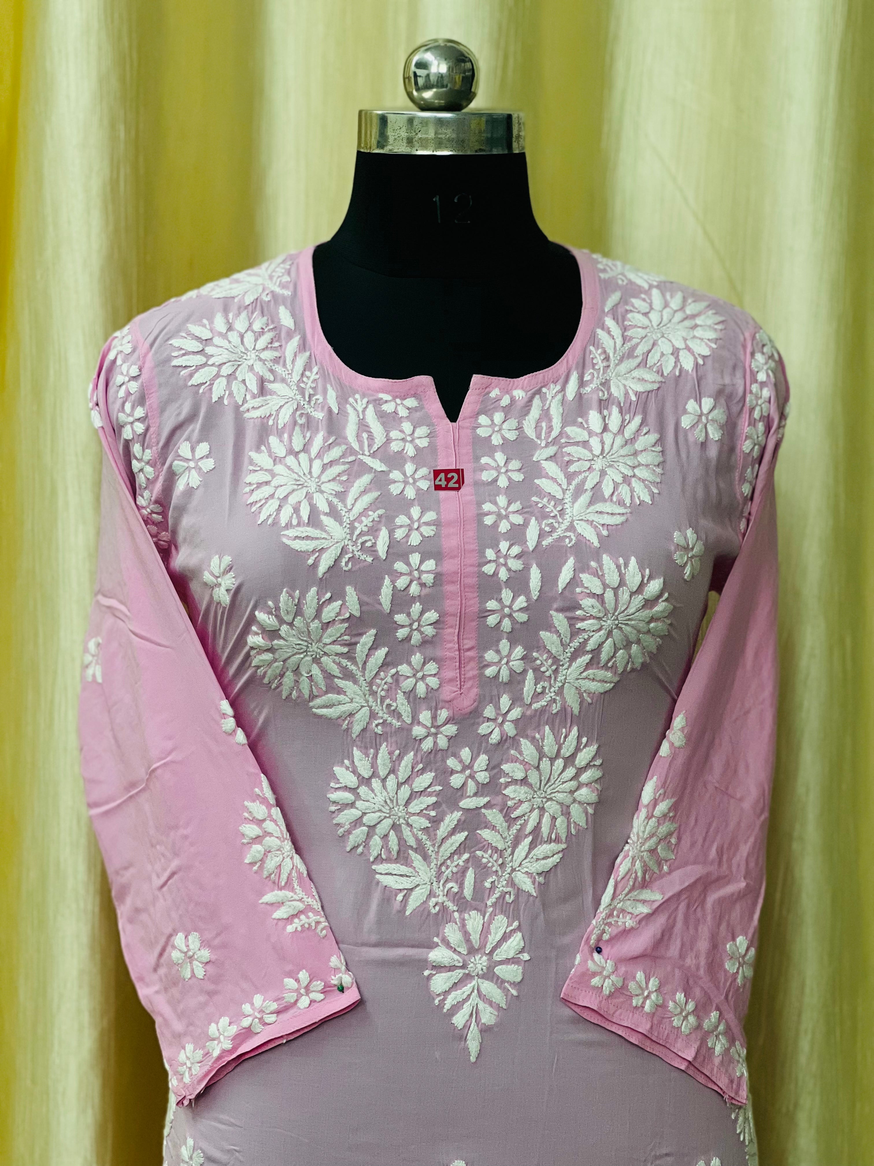 Lucknowi Chikan Kurti Hakoba Style Brown Three-Quarter Sleeves - Free  Shipping | eBay